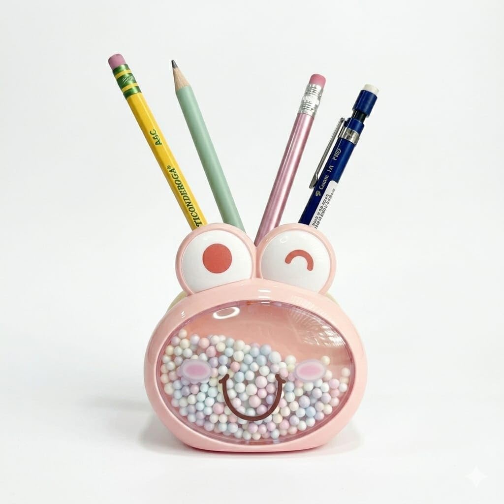 Frog Pen Stand Pencil Holder for kids, Cosmetic Brushes Holder, Pen Cup for Kids, Office, Desk, School (Pink)