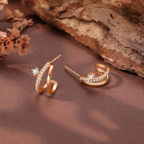 Gold Huggie Split Double Hoop Earrings for Women 14k Plated Gold 925 Sterling Silver Dainty White CZ Huggie Illusion Stud Earrings Oval Cuff Earrings to Daughter Birthday Christmas Wedding Gifts4