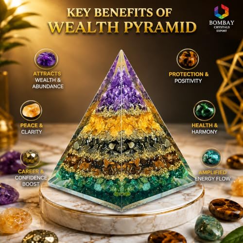 Image of Money Magnet Pyramid with Amethyst, Citrine, Pyrite & Tiger Eye Stones - Crystal Healing Pyramid for Wealth, Abundance, Positive Energy, Reiki, Meditation & Home Decor