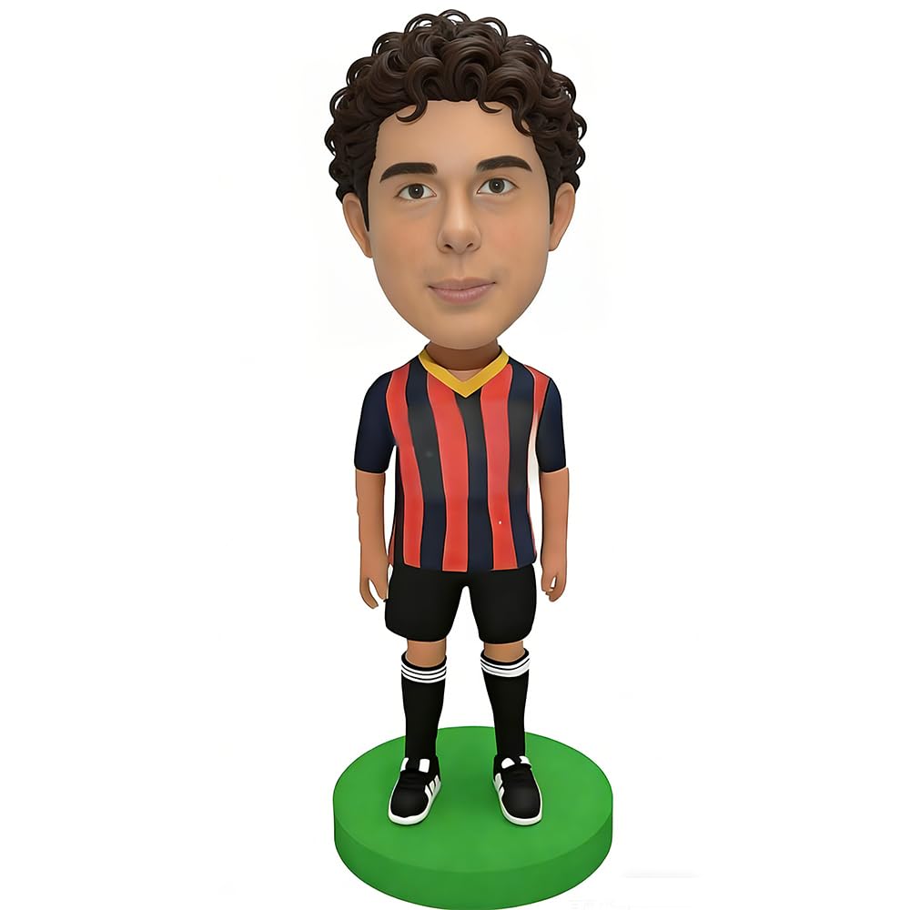 Figurine Bobblehead personnalisée, design sportif avec maillot rayé rouge et bleu marine, basé sur votre photo