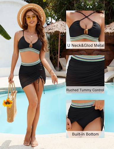 BMJL Womens High Waisted Bikini Sets Mesh Swim Skirt Tummy Control Swimsuits Color Block Bathing Suit 20252