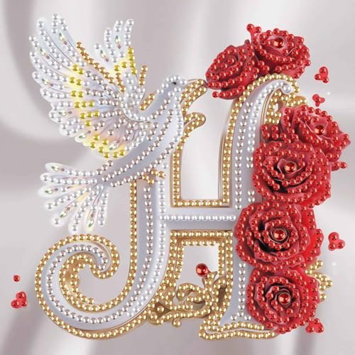 Image of AiYuanzsh 5D Diamond Art Kits for Adults Letter H, Harmonious Rose & Dove Floral Crystal Rhinestones Diamond Painting Kit, DIY Monogram Diamond Art for Beginners Craft Wall Display 17x17cm