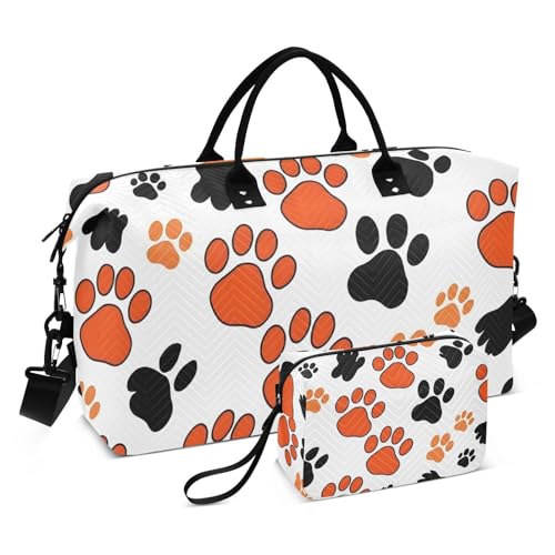 Large Travel Duffel Bag, Red Black Paw Sports Tote Gym Bag, Shoulder Weekender Overnight Bag for Women Men, Carry On Luggage with Toiletry Bags