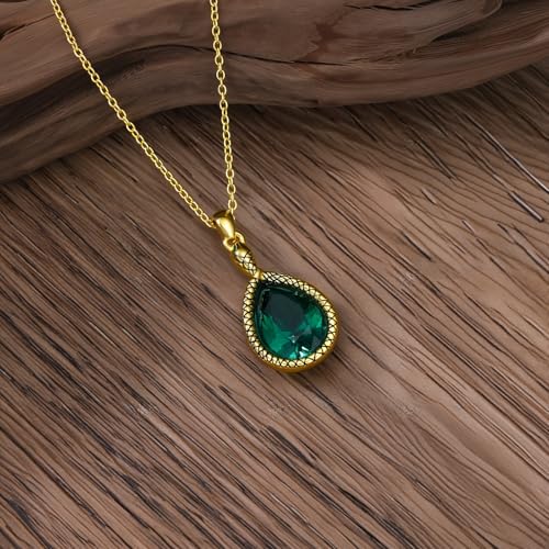 Collier émeraude goutte plaqué or 18k avec chaîne serpent 45 cm