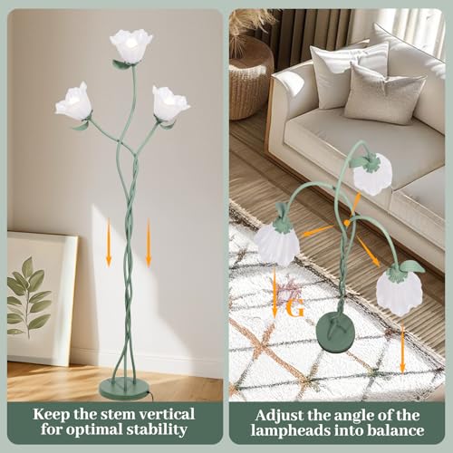 Image of Vintage 3 Heads Flower Floor Lamp with Adjustable Gooseneck Corner Standing Tall Floor Lamp 3 Color Modes for Living Room Bedroom Reading Decoration Vine Floral Lamp with Lily of The Valley