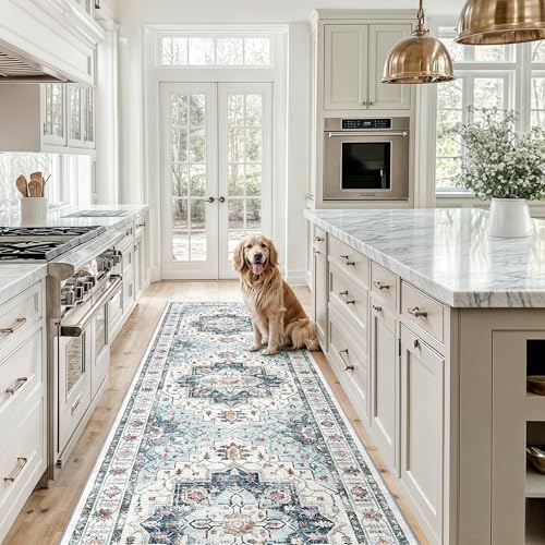 Madane Hallway Runner Rug 2'6''x10' Kitchen Runner, Non Slip Vintage Runners for Hallways Washable Kitchen Rugs Soft Low Pile 2.5x10 ft Rug Runner for Laundry Room, Entryway and Bedroom, Blue