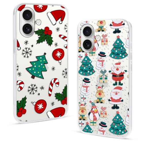 2 Pezzi Natale Cover per Apple iPhone 16 6.1Albero con Cervo Babbo Regali Fiocco di neve Natalizie Carino Pupazzo di neve di Christmas Regalo Antiurto Protezione Case1 donna