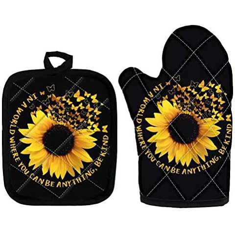GOSTONG Be Kind Sunflower Oven Mitt Insulation Pot Holder Set Heat Resistant Gloves for Cooking Grilling Baking,Potholders & Oven Mitts,Home Kitchen Decor Cover