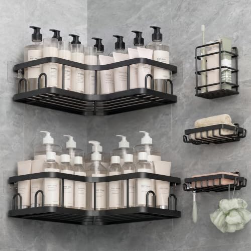 Image of Veken Large Capacity Corner Shower Caddy 5-Pack, Advanced Rustproof Design | No Drilling Adhesive Shelves, Rack with Soap Holder & Hooks, Thickened Metal Frame, Bathroom Organizers and Storage, Black