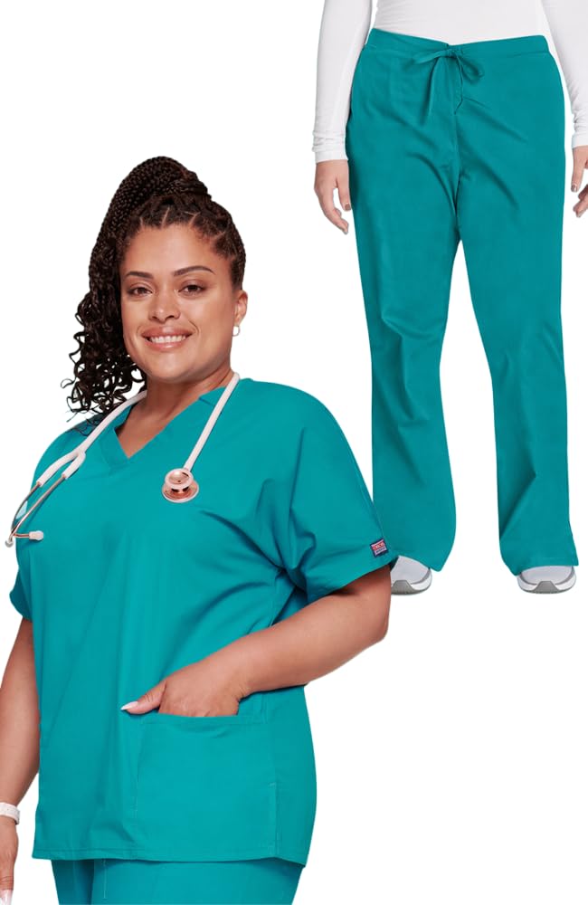 Cherokee Scrub set for women Traditional Fit Dolman Sleeve, V-neck Top 4700 Natural Rise Flare Leg Drawstring Pant 4101