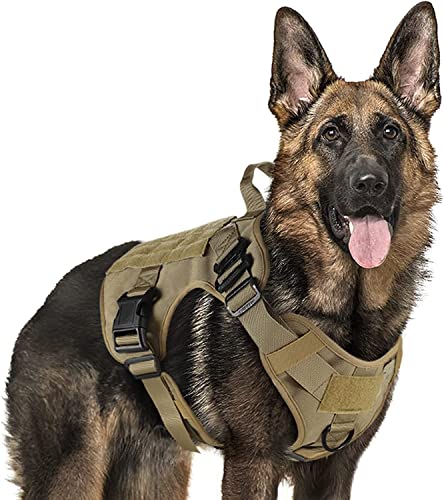 rabbitgoo Pettorina Cane Tattica, Pettorina Militare Gilet Regolabile, Non-Pull Imbracatura Doppio Gancio in Metallo Anti-Tiro per Pastore Tedesco, Labrador in Addestramento, Passeggiate (L, Marrone)