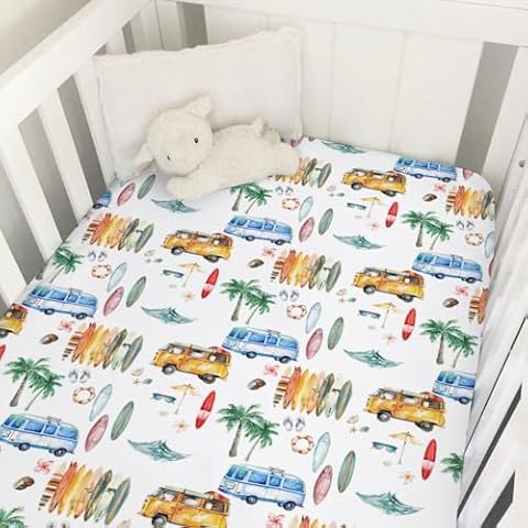 Watercolor Boho Surf Baby Crib Sheets 52''x28'' Colorful Surfboard Bus Palm Trees Waves Summer Stretchy Fitted Crib Mattress Cover for Boy Girl Soft Baby Sheets for Standard Crib and Toddler Mattress Cover