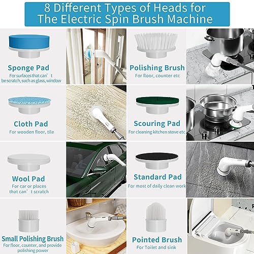 Electric Spin Scrubber, Upgraded Cordless Cleaning Brush with 8 Replaceable Cleaning Heads, Power Cleaning Tool Shower Scrubber for Floor Wall Tile Car (AZ1) - Image 4