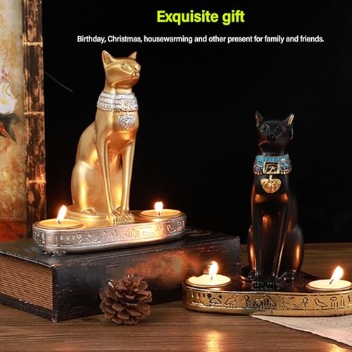 Egyptian Cat Candle Holder,Egyptian Cat Goddess Bastet Statue with 2 Tea Light Candle Holder Resin Egyptian Cat Candlestick Tealight Holder for Living Room Office