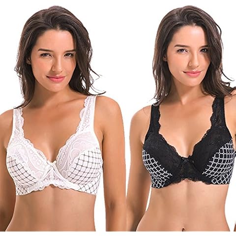 Curve Muse Women's Minimizer Unlined Underwire Bra with Lace Embroidery-2 Pack-White,Black-44D (EU:100D) Cover