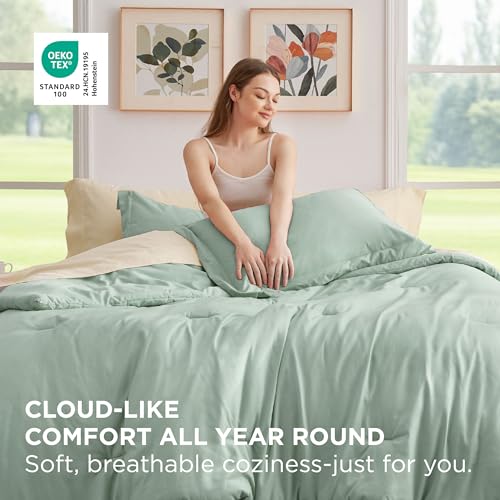 Bedsure Queen Comforter Set - 7 Pieces Sage Green Queen Bedding Set for All Seasons, Boho Contrasting Design Bed in a Bag with Comforter, Sheets, Pillowcases & Shams - Image 4