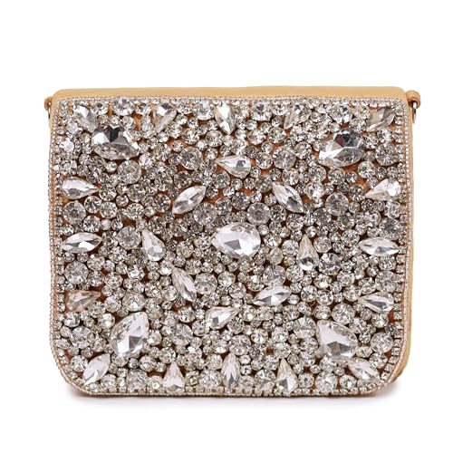 Image of THE TAN CLAN Kavya Beige Flap Over Bag Clutch Purses Luxury Evening Handbags with Handle