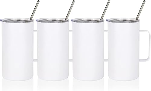 4 vasos delgados en blanco de sublimación de 24 onzas, tazas blancas con asa y pajita, taza recta de viaje de acero inoxidable de doble pared para