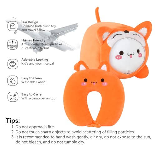 Image of Kids Travel Pillow - 2-in-1 Deformable Kids Neck Pillow for Traveling, Soft U-Shaped Pillow with Adorable Animal Design, Comfy Sleep and Play, Ideal for Airplanes and Traveling (QQ Orange Fox)