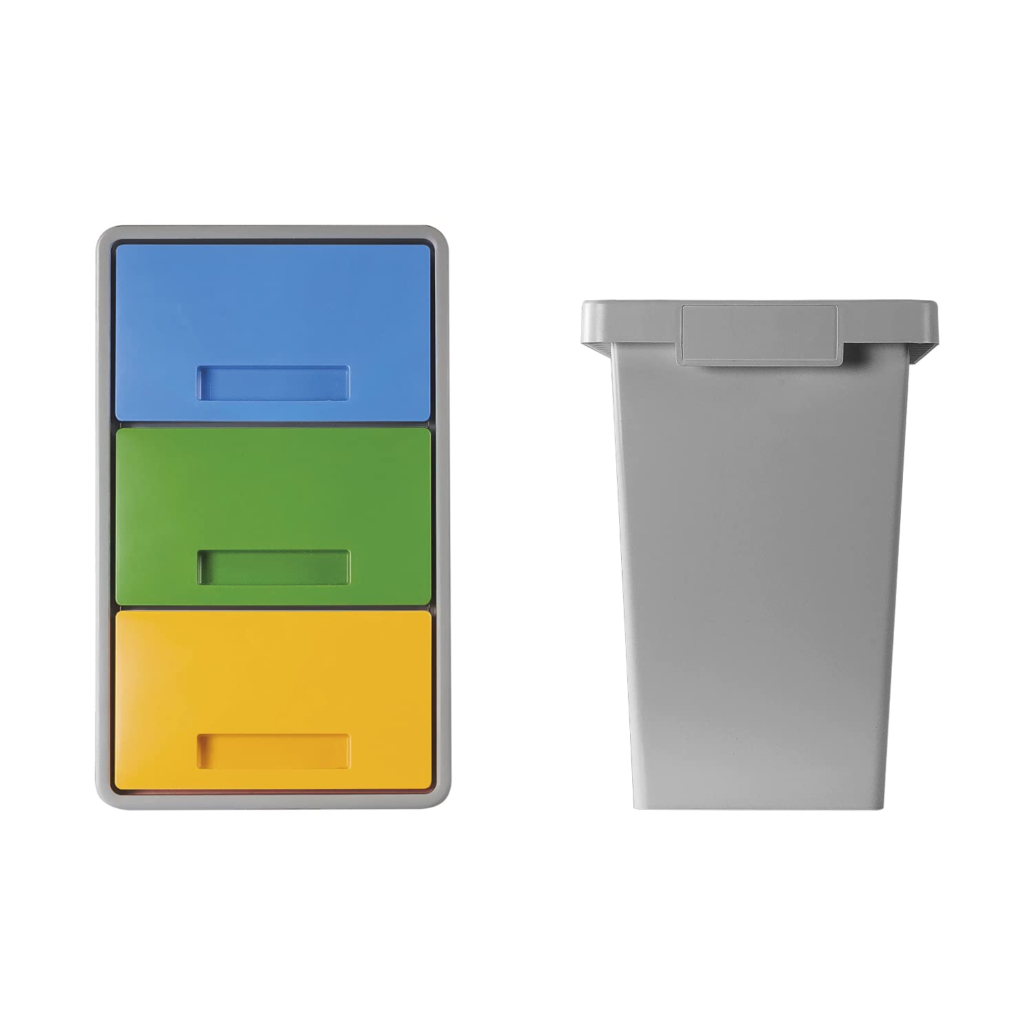 MATTIUSSI PAPELERA RECICLAJE TRES COMPARTIMENTOS - POLYMAX gris con tapas oscilantes azul verde y amarillo