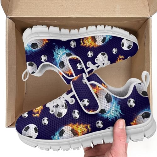 Kids Running Shoes Walking Sports Athletic Tennis Sneakers for Boys Girls Soccer Fire Pattern（White Sole）2