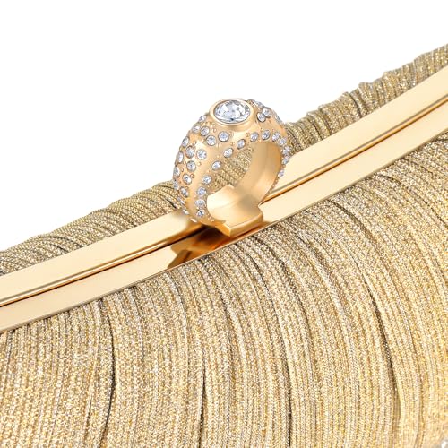 Image of Womens Golden Glitter Clutch Purse Pleated Evening Bag for Bridal Wedding Party with Rhinestone Ring