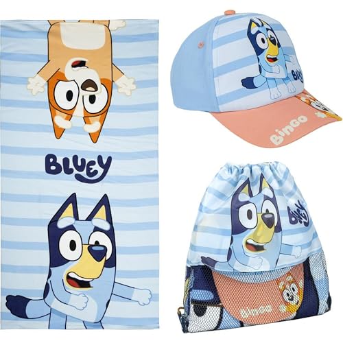 CERDÁ LIFE'S LITTLE MOMENTS Set Infantil Bluey con Toalla, Gorra y Saquito – Toalla Bluey Diseño Oficial, Ideal Playa y Piscina - Gorra Bluey Niños Máxima Cómodidad