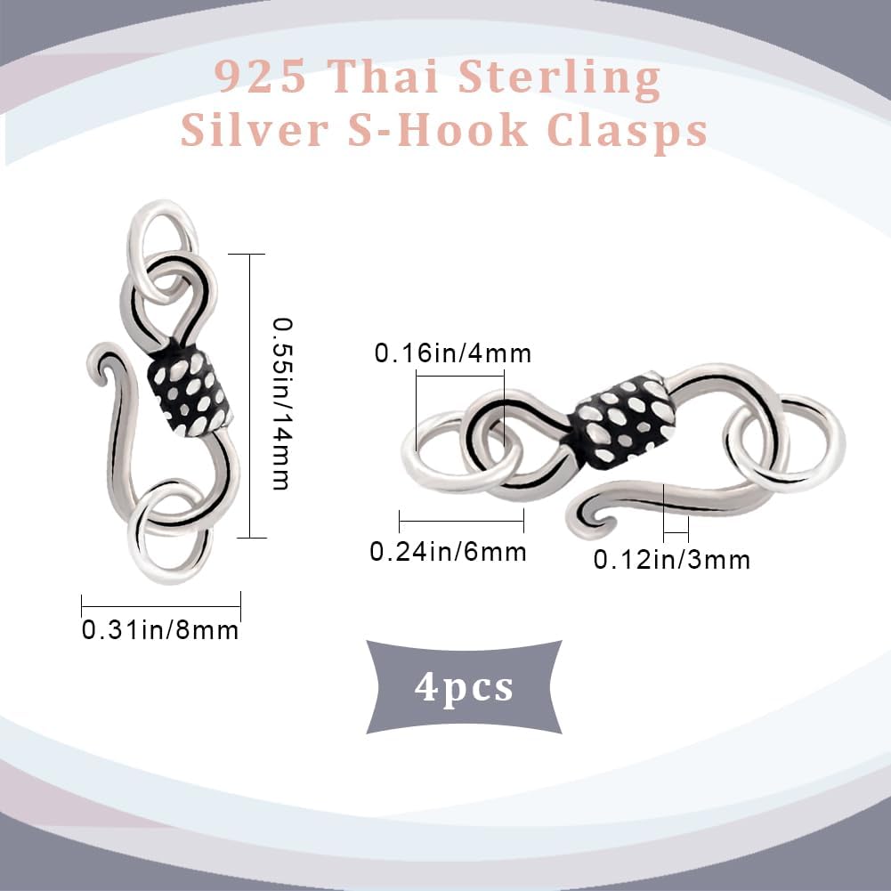 Beebeecraft 1 Box 4Pcs S Hook Clasps Sterling Silver 14mm Necklace Clasp Connector with Double Jump Rings for DIY Jewelry Making