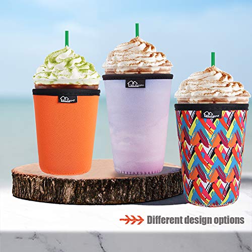 Image of Reusable Iced Coffee Insulator Sleeve for Cold Beverages and Neoprene Cold Coffee Cup Sleeves Cooler Cover 16-24OZ for Coffee Cups, McDonalds, Dunkin Donuts, More (Green geometric)