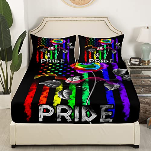 Gay Pride Sheet Set Queen,Lgbt Pride Accessories,Rainbow Flags Bed Sheets For Women Men,Glowing Watercolor Rose Bedding Set Lgbt Bedroom Decor,American Flag Fitted Sheet + Top Sheet + 2 Pillowcases #TOP2