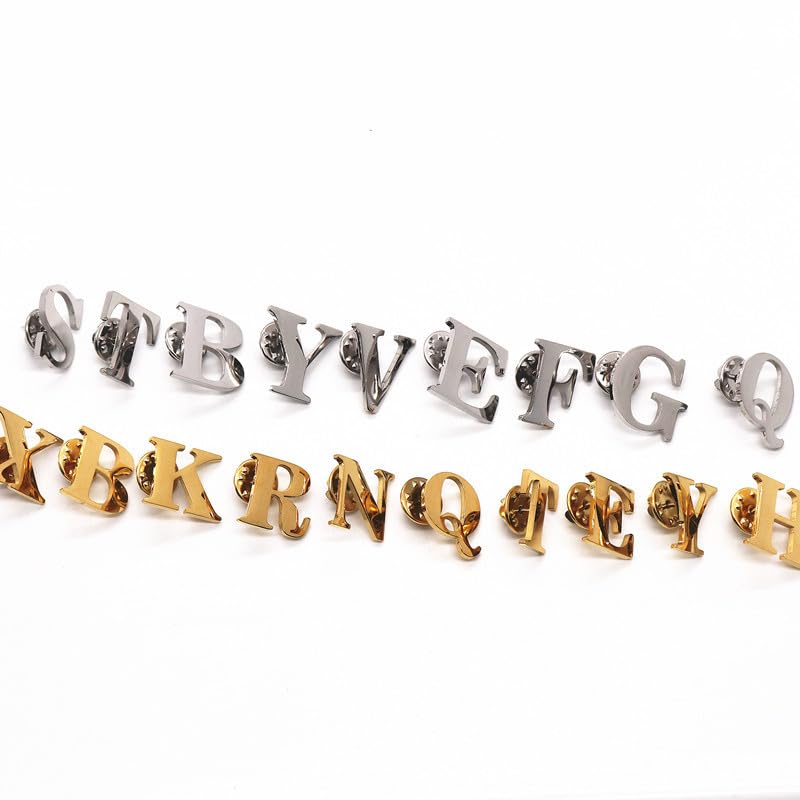 Image of vmcoatdu A-Z Initial Pins 26 Letters Pins 18K Gold Plated and Silver Tone Metal Brooch Breastpin Badge