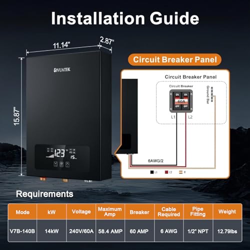 Electric Tankless Water Heater SIVUATEK 14kW, 240V - On-Demand Hot Water for Whole House - ETL Certified, Self Modulating - Compact Design for Easy Installation - for 2 Point of Use Hot Water - Image 3