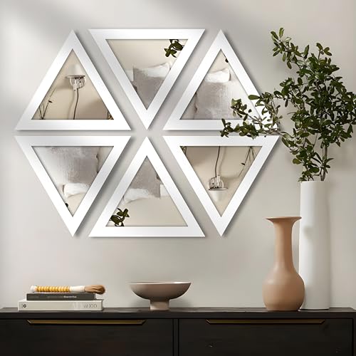 Image of Art Street Acrylic Triangle Decorative Wall Mirror Set of 6 Triangle Shape Mirror for Home Decoration, (9x9 Inch, White)