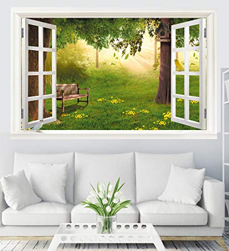 3D Autocollant Mural Fausse Fenêtre Stickers Muraux en Jardin PVC Trompe l'oeil Fenêtre Mural Art Stickers pour Salon Chambre Décoration 60cm*90cm