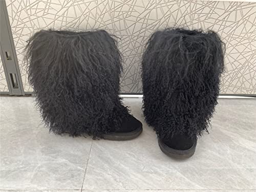 通用 MSBT Women Mongolian Fur Boots with Real Tibetan Fluffy Furry Sheep Curly Skin Snow Boot for Luxury Ladies Winter Warm Outdoor Wear Girls Soft Linning Black White Color Tall High Boots3