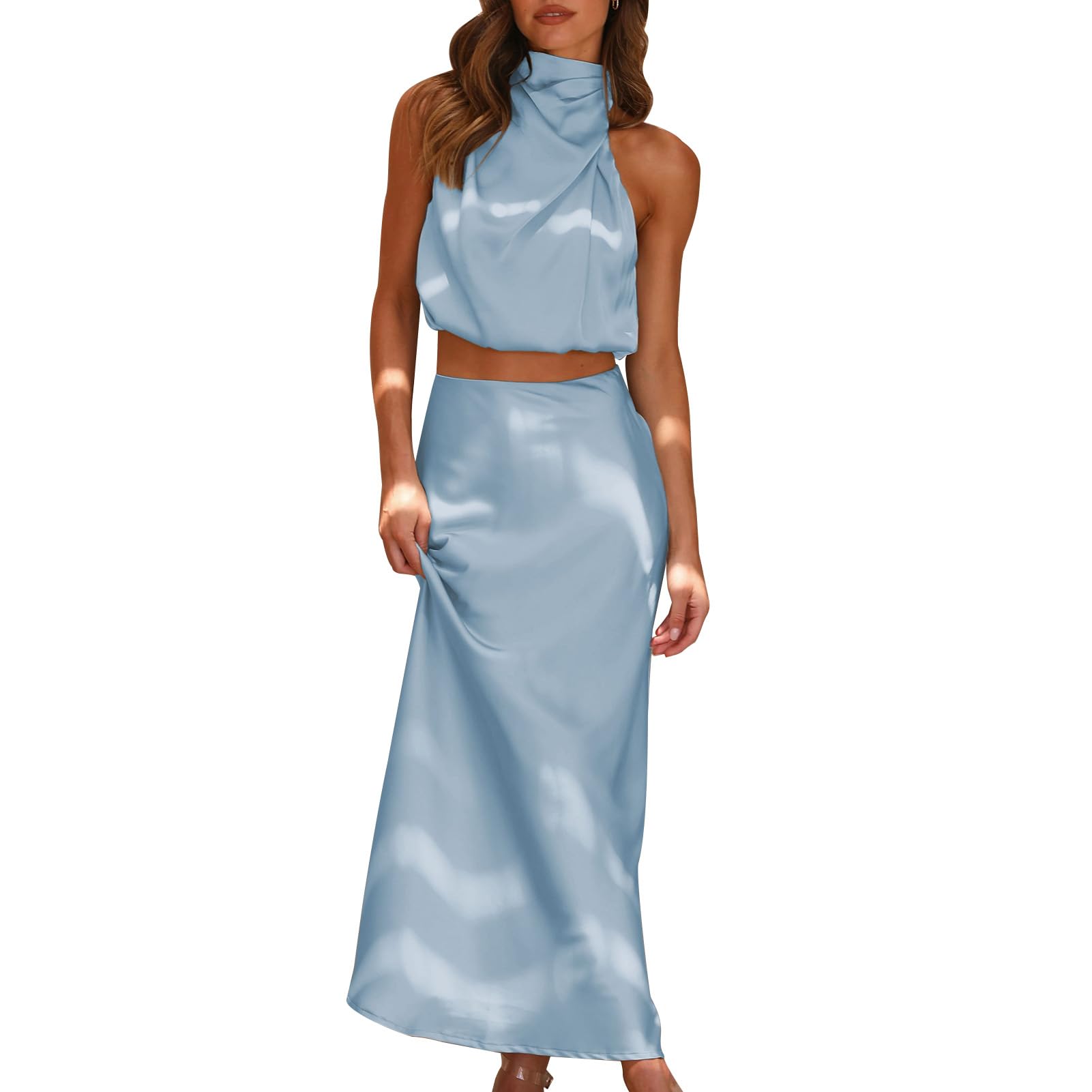 ODIZLI Womens Sets 2 Piece Satin Outfits Summer Sleeveless Mock Neck Crop Tops Long Skirt Dress Evening Party
