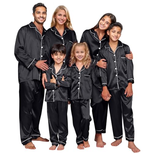 IFFEI Family Silk Satin Pajamas Matching Sets Long Sleeve Pjs for Couples 2 Piece Buttons Kids Christmas Pajamas with Pocket
