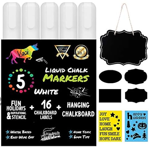 Vaci Markers White Liquid Chalk Markers - 5 Markers, 2 Stencils, 16 Chalkboard Labels and 1 Hanging Board | Erasable & Water-Based | 6mm Chisel Tips | Professional Ink | For Any Non-Porous Surface Cover