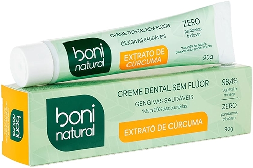 Creme Dental com Óleo Natural de Hortelã e Extrato de Cúrcuma, Vegano e Natural, Ação Anti-inflamatória, Sem Flúor, Sem Parabenos, Sem Triclosan, Amarelo, Boni Natural, 90g