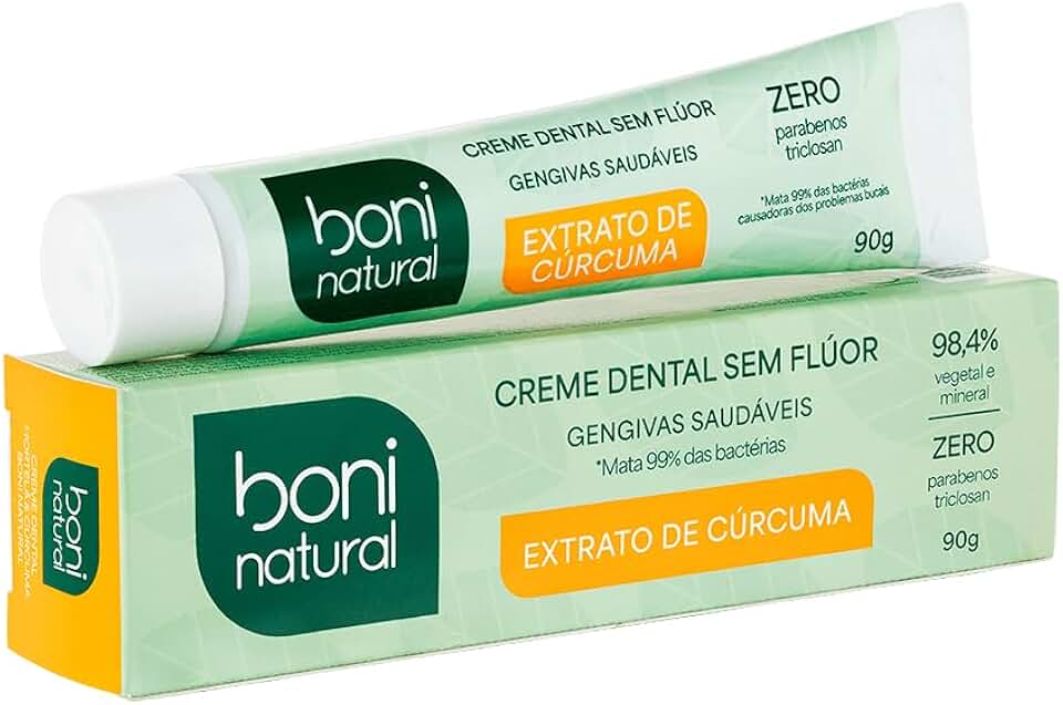 Creme Dental com Óleo Natural de Hortelã e Extrato de Cúrcuma, Vegano e Natural, Ação Anti-inflamatória, Sem Flúor, Sem Parabenos, Sem Triclosan, Amarelo, Boni Natural, 90g