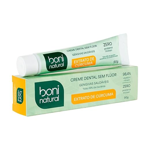 BONI NATURAL - Creme Dental com Óleo Natural de Hortelã e Extrato de Cúrcuma, Vegano e Natural, Ação Anti-inflamatória, Sem Flúor, Sem Parabenos, Sem Triclosan, 90g