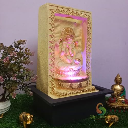 Image of Decorative Table Top Water Fountain for Home Decor /Office /Indoor & Outdoor /Garden /Puja Room /Vaastu with Multicolor LED Light and Adjustable Water Pump (Yellow Ganesh)