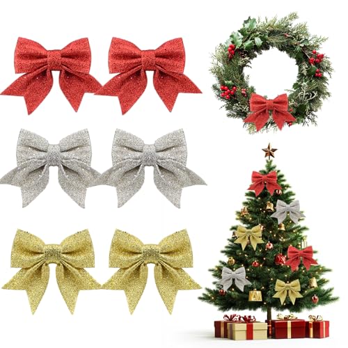 6 Stück Weihnachtsschleifen, 3 Farbe Weihnachtsbaum Schleifen, Gold,...
