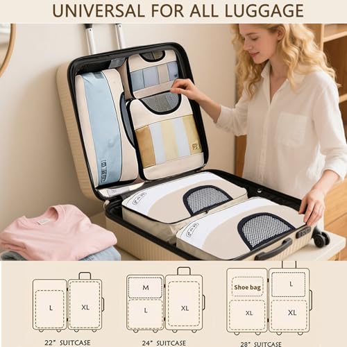 6PCS Travel Packing Organiser Set, Clear EVA Packing Cube for Suitcase,Visible Luggage Organiser Bag for Backpack, Ultralight Oxford Fabric Packing Cube for Home/Vacation/Camping/Essentials-Off White - Image 4