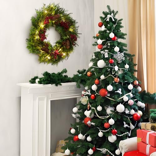 Garvee Christmas Wreath with Lights, 22 Inch Artificial Christmas Wreaths for Front Door, Battery Operated Xmas Wreath with Pine Cone and Berries, Christmas Decorations for Windows, Wall, Mantel