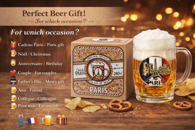 Générique Lot de 2 Mugs à Bière Paris 280 ml en Verre – Chopes à Bière Épaisses avec Anse – Style Brasserie – Coffret Cadeau Prêt à Offrir – Paris Beer Mug Gift Set (2x 280 ml)