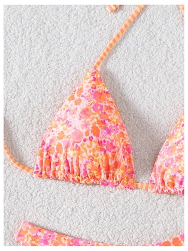 WDIRARA Women's 2 Piece Floral Striped Bikini Set Halter String Thong Swimsuit High Cut Bathing Suit4