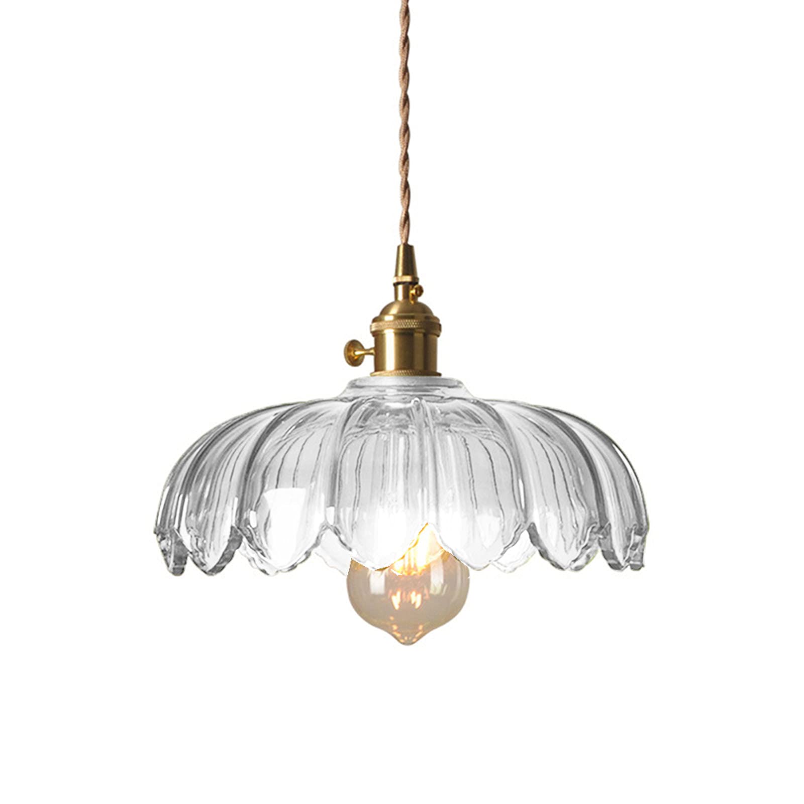 Debbte Industrial Vintage Pendant Lighting Fixture Glass Lotus Lamp Shade Farmhouse Pendant Light Chandelier E27 Brass Finish Ceiling Hanging Lamp (Clear)
