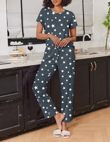 Image of Ekouaer 2 Pack Pajamas for Women Set Short Sleeve Pj Top and Printed Pants | Soft PJs Cozy Printed Lounge Sets Comfy Sleepwear with Pockets
