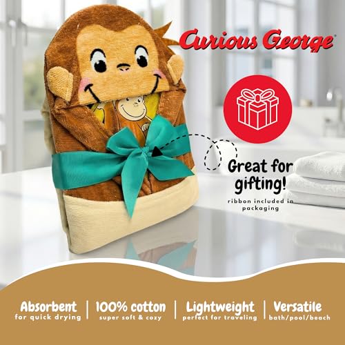 Image of Curious George Monkey Kids Super Soft Bath /Pool /Beach Soft Cotton Terry Hooded Towel Wrap, 24 in x 50 in (100% Officially Licensed Product) By Franco